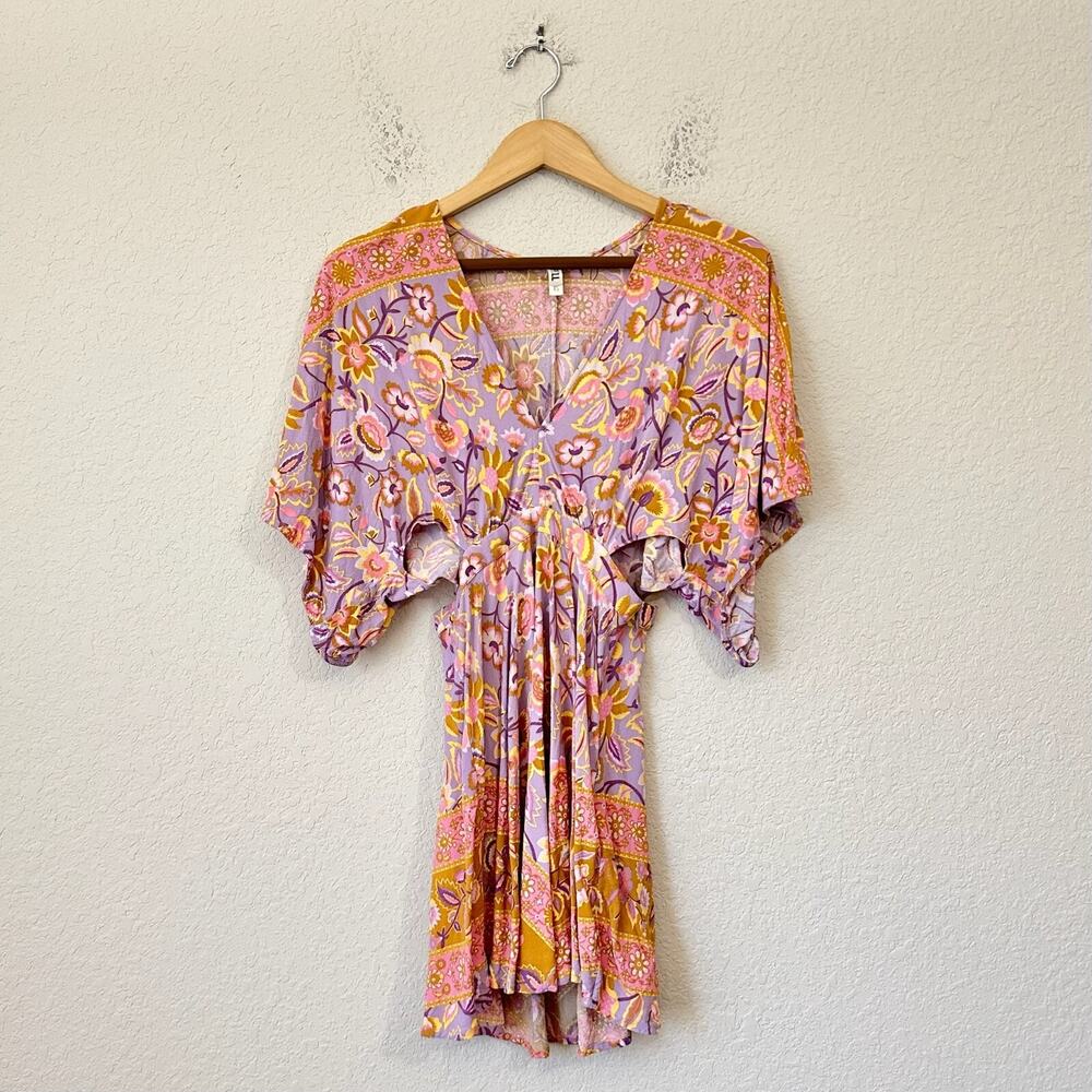 SPELL Lolita Mini Dress Colorful Floral Kimono Sleeve Cutout Boho